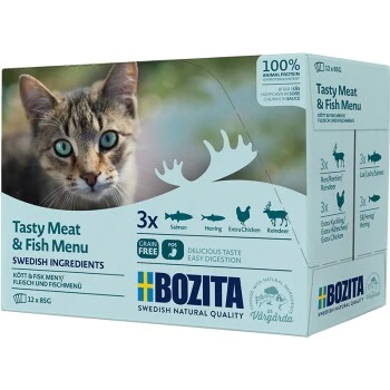 BOZITA Pouch Multibox Fleisch- & Fisch-Menü 12x85 G 3 BOZITA Pouch Multibox Fleisch- & Fisch-Menü 12x85 G